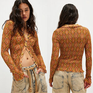 NEW Free People Whimsigoth Caught A Feeling Cardi Blouse Cinnamon Lettuce Hem Md